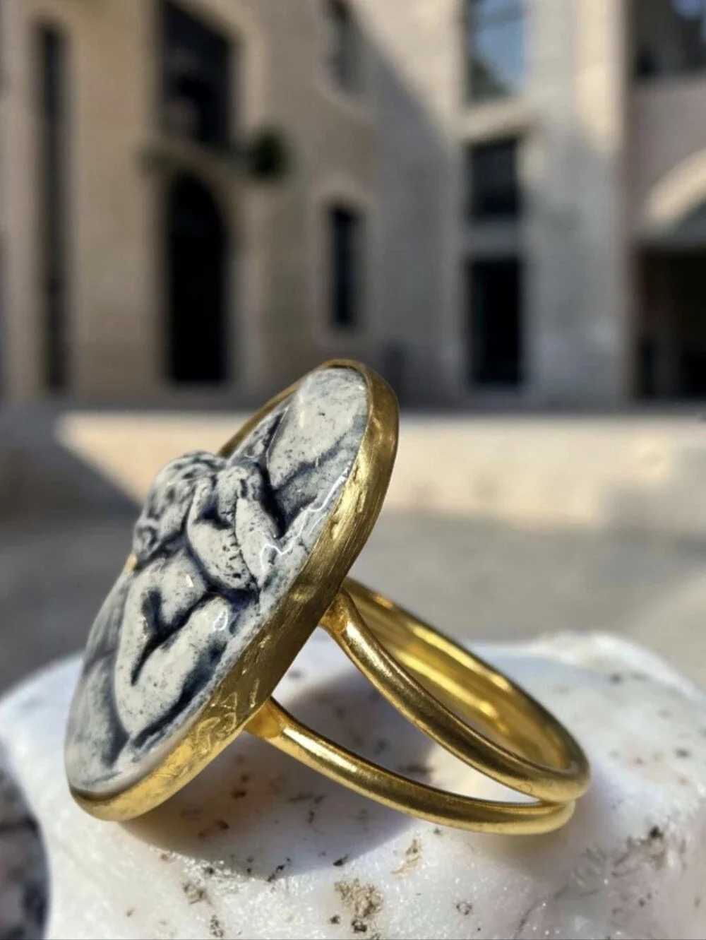 18k Gold Plated Artisan High Relief Porcelain Cherub Ring